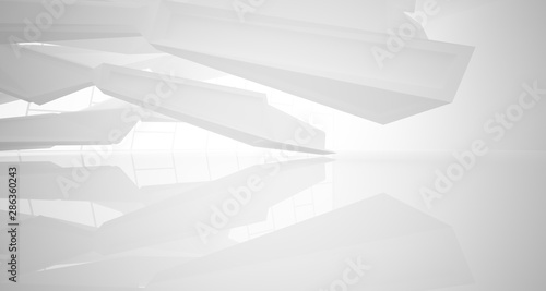 Abstract architectural white interior of a minimalist house with large windows.. 3D illustration and rendering.
