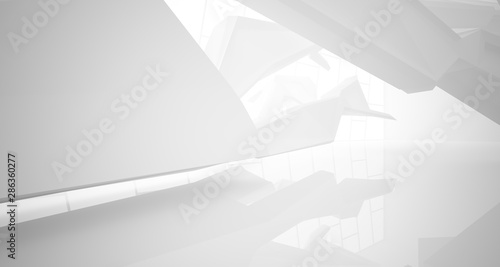 Abstract architectural white interior of a minimalist house with large windows.. 3D illustration and rendering.