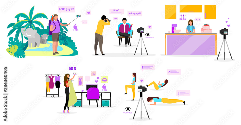 Bloggers flat vector illustrations set. Travel, fashion, sports and cooking blog. Filmmakers, influencers streaming video. Social media vlog content. Isolated cartoon character on white background