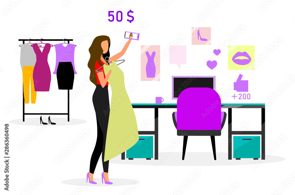 Beauty blogger flat vector illustration. Vlogger streaming video. Social media content. Womens blog. Stylist tutorial. Clothing online review. Isolated cartoon character on white background Beauty blogger flat vector illustration. Vlogger streaming video. Social media content. Womens blog. Stylist tutorial. Clothing online review. Isolated cartoon character on white background