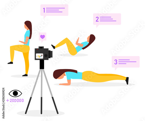 Sports blogger flat vector illustration. Fitness trainer, vlogger streaming video. Physical exercise online tutorial. Social media vlog content. Isolated cartoon character on white background