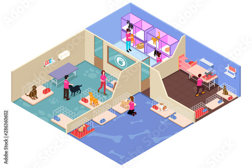 Isometric People Volunteering in Animal Shelter Illustration