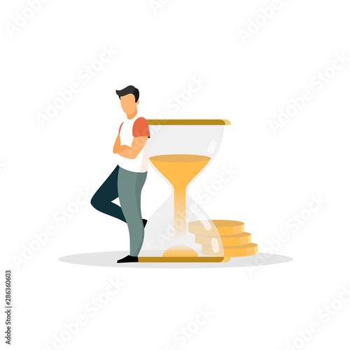 Man, person, human, businessman, male, ceo, adult leaning on sandglass flat vector illustration