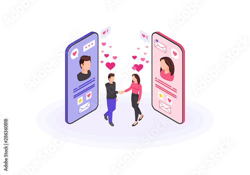 Online dating isometric color vector illustration