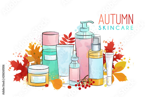 Illustration of autumn seasonal skincare routine and treatment. Leaves and berries, cleanser, lotion, eye cream, essence, serum, balm, toner. Cosmetics, treatment. Watercolor texture background