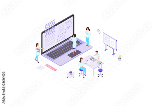 Scientists, mathematicians, academics, research workers isometric color vector illustration