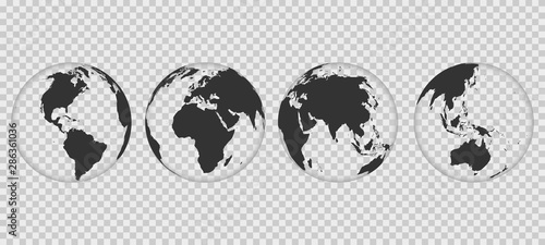 Set of transparent Earth globes. World map isolated on transparent background. Globe worldmap icon. Template design for worldwide travel, infographics or website.