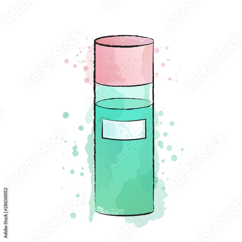 Vector illustration of toner, lotion or micellar water. Skincare routine. Watercolor texture background. Cosmetics package mockup. Treatment. For fashion magazine, web, beauty blog. Cosmetology.