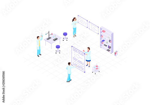Scientists, chemists, academics, research workers isometric color vector illustration