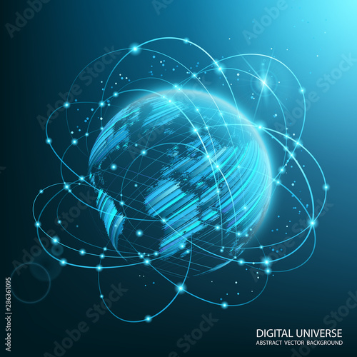 Map of the planet. World map. Blue futuristic background with planet Earth. Global social network. Future. Vector. Internet and technology. Floating blue plexus geometric background.  .