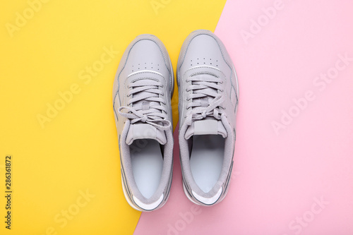 Grey sport shoes on colorful background