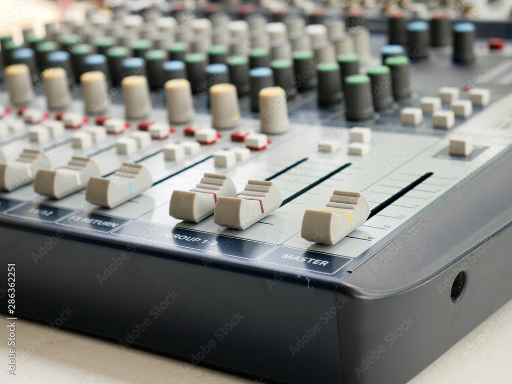 Obraz premium Close-up of sound audio mixing console.