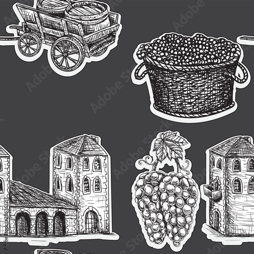 Seamless background agriculture viticulture building cart a barrel of grapes. Vector image.