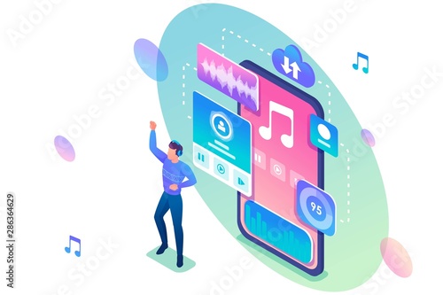 Young man dancing to the music playing on his phone. The concept of listening to music on social networks. 3d isometric. Concept for web design