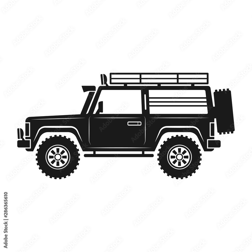 Expeditionary SUV. Black silhouette. Vector drawing. Side view. Isolated object on a white background. Isolate.