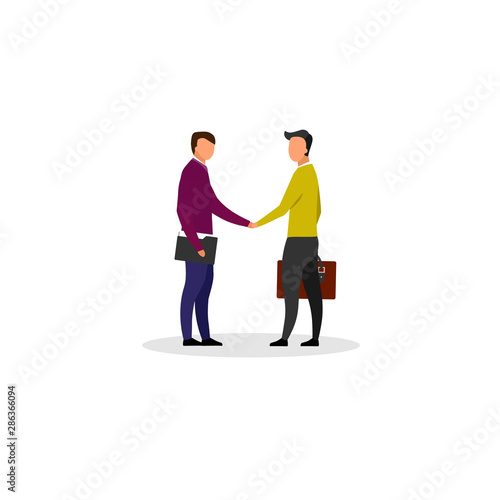 Businessman handshake flat vector illustration. Business partners, investors, entrepreneurs making deal isolated cartoon characters. Employee with employer. Successful partnership, employment concept