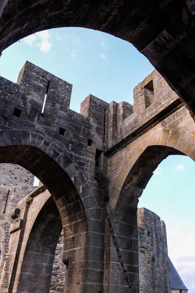 Entrance Porte Narbonnaise of Carcassonne medieval castle in France