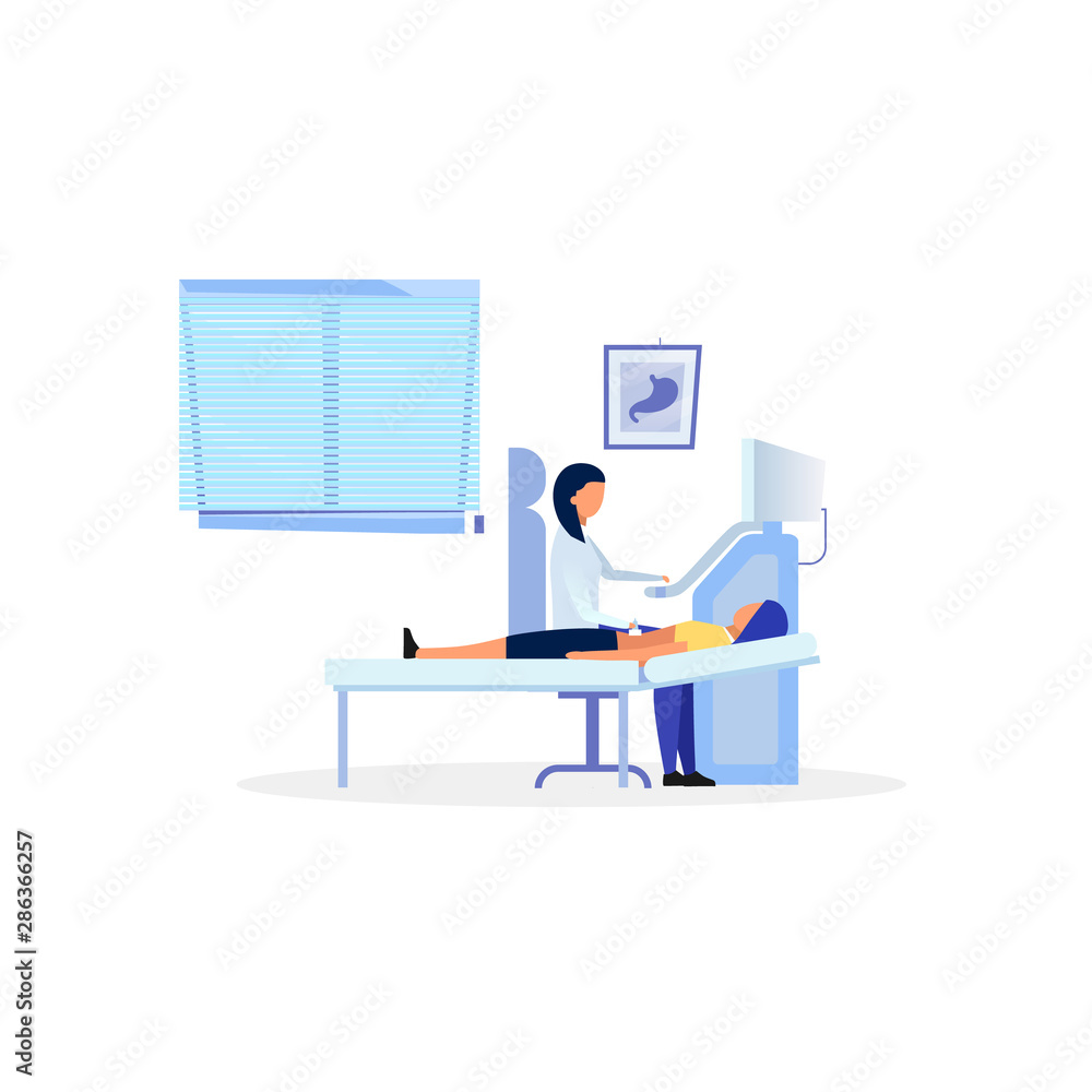 Sonographer examining digestive system flat vector illustration. Doctor, therapist doing diagnostic abdominal ultrasound procedure, ultrasonography. Gastroenterologist diagnosing cartoon character Sonographer examining digestive system flat vector illustration. Doctor, therapist doing diagnostic abdominal ultrasound procedure, ultrasonography. Gastroenterologist diagnosing cartoon character