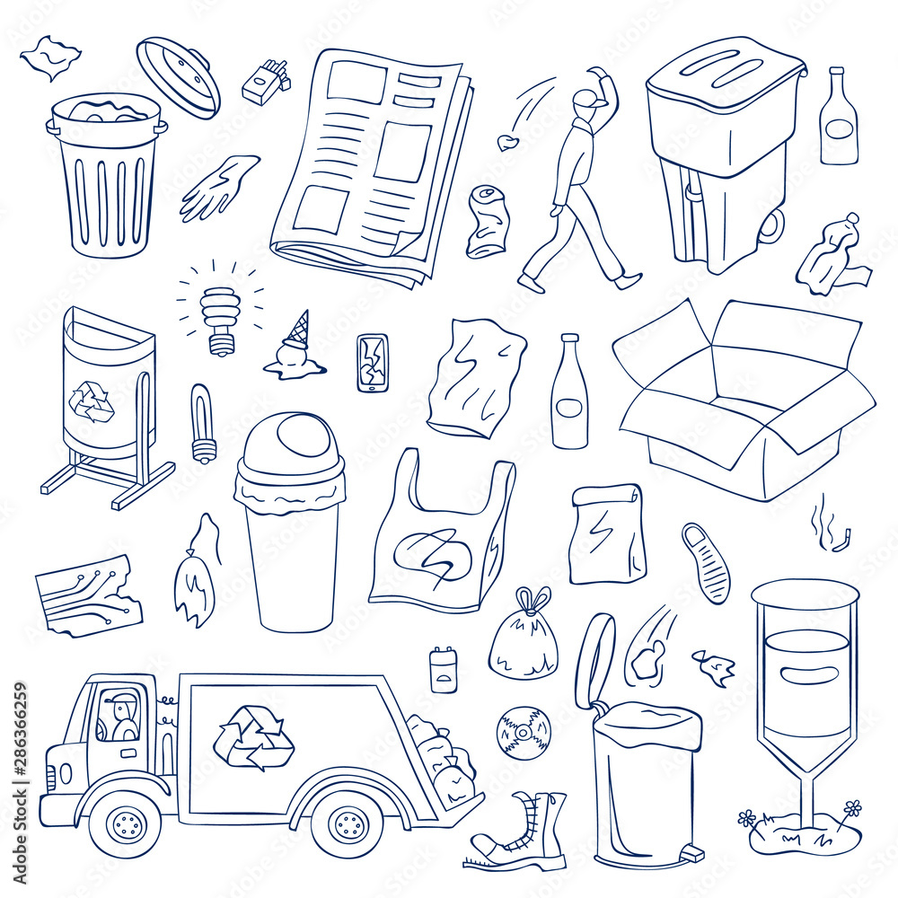 Vetor de Vector garbage hand drawn doodle elements set. Waste recycling