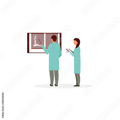 Orthopedist reading leg fracture x ray flat illustration. Doctor and nurse diagnosing, planning treatment of trauma, injury. Therapist, general practitioner, medicine and healthcare workers characters