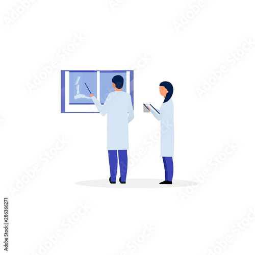 Orthopedist, traumatologist reading fracture x ray flat illustration. Trauma, injury diagnosing and treatment. Therapist, general practitioner, doctor and nurse cartoon characters on white background
