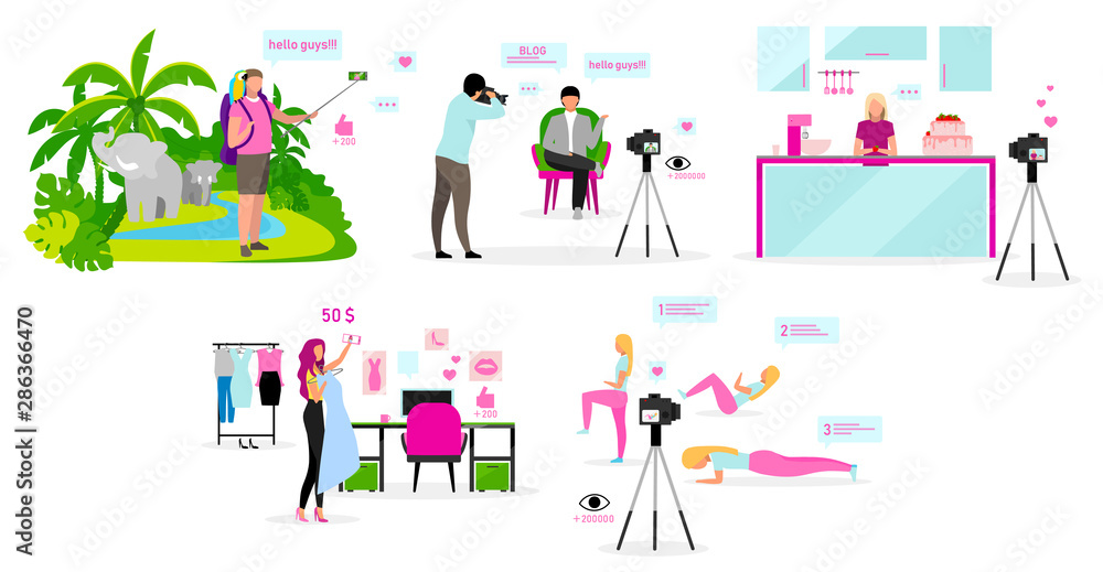 Bloggers flat vector illustrations set. Travel, fashion, sports and cooking blog. Filmmakers, influencers streaming video. Social media vlog content. Isolated cartoon character on white background - obrazy, fototapety, plakaty 