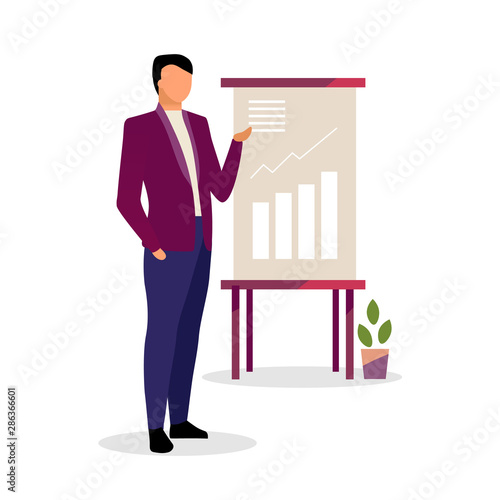 Expert making presentation vector illustration. Economist, businessman, manager showing growth rates on board isolated character. Cartoon finance analyst presenting data visualization in report