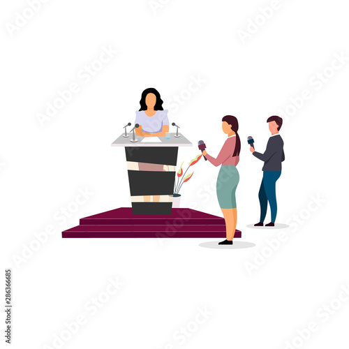 Journalist interviewing politician flat vector illustration. Press conference, politic public speech. Interviewer, reporter with microphones cartoon character. Woman, president, minister on podium