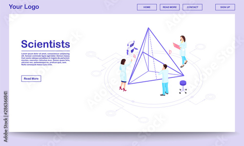 Computer assisted science isometric webpage template. Scientists with AI assistant. Geometry experts calculating pyramid proportions, doing 3d modelling. Hi-tech research center landing page