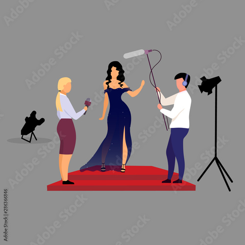 Journalists, reporters interviewing celebrity flat vector illustration. Interviewers with microphones asking movie star, female singer, famous person cartoon characters. Red carpet ceremony, concert