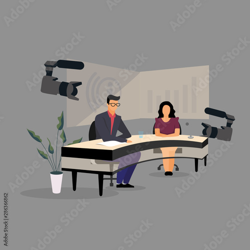 Television presenter, journalists at news studio flat illustration. Newscasters broadcasting, recording news release. Mass media, press, TV industry. Journalists, reporters, announcers characters