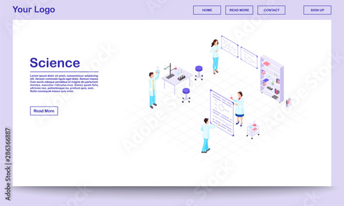 Chemistry research isometric website template. Cartoon lab workers holding glassware for scientific experiment. Scientists studying chemical reactions in beakers. Pharmaceutical company landing page