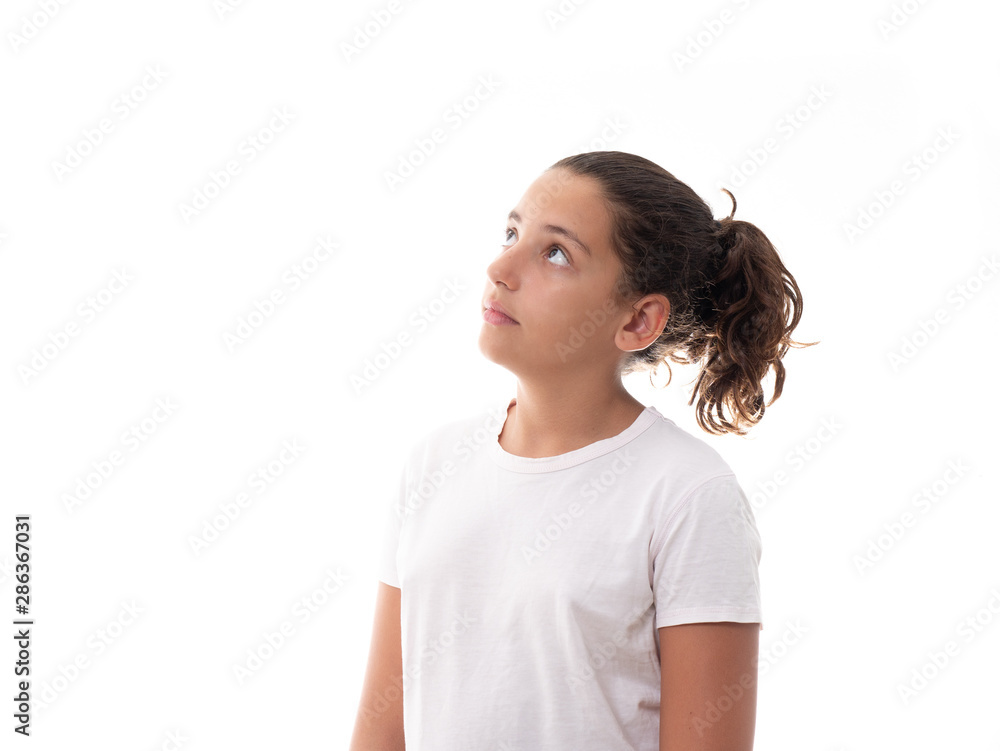 portrait of a girl isolated on white background looking up portrait of a girl isolated on white background looking up