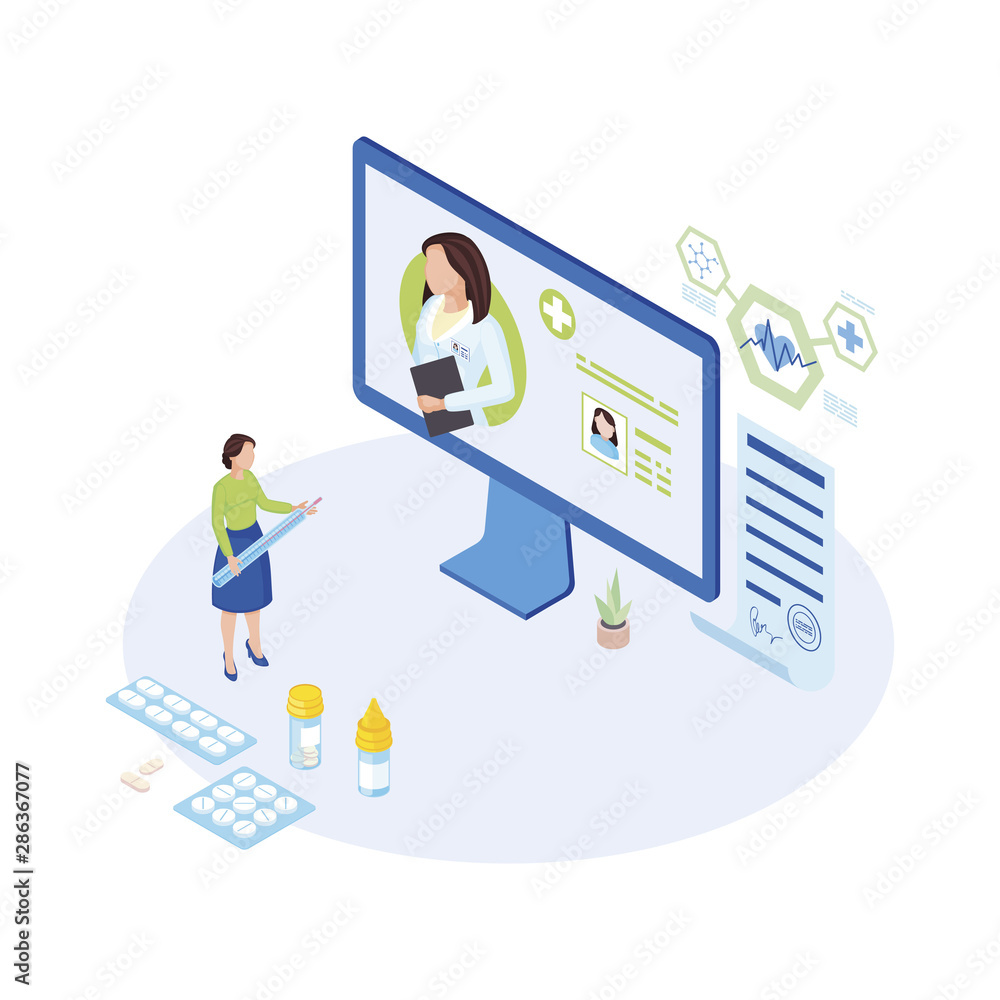 Telemedicine expert at work isometric illustration. Cartoon physician, general practitioner prescribing pills, medication online. User, client account on screen. Ill patient holding thermometer Telemedicine expert at work isometric illustration. Cartoon physician, general practitioner prescribing pills, medication online. User, client account on screen. Ill patient holding thermometer