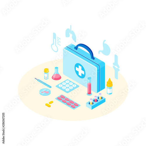 First aid kit with medicine isometric illustration. Treatment for lungs, stomach, bones diseases, illnesses. Pills, antibiotics for lowering fever. Testing experimental medicine in lab Petri dish