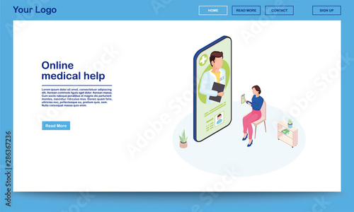 Online medical help isometric webpage template. 3d patient explaining symptoms using ehealth mobile app. Remote doctor consulting client. Telemedicine smartphone application promotion homepage
