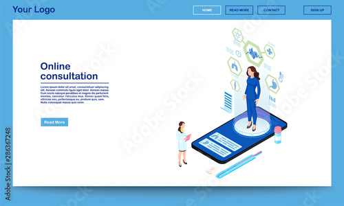 Online consultation service isometric landing page template. Remote internal organs diagnostics. 3d patient hologram with distance organism scanning technology. Modern medical research center webpage
