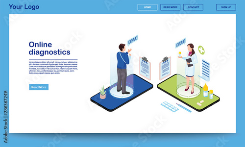 Online diagnostics service isometric website template. Traumatologist prescribing medication, painkillers for patient with broken arm. 3d doctor, client holograms on smartphone screen. Ehealth system