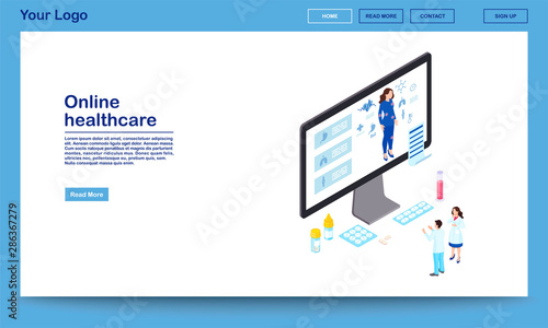 Online healthcare isometric website template. Remote doctors analysing woman health, prescribing medication. Distance internal organs scanning, internet diagnostics. Ehealth homepage with text space