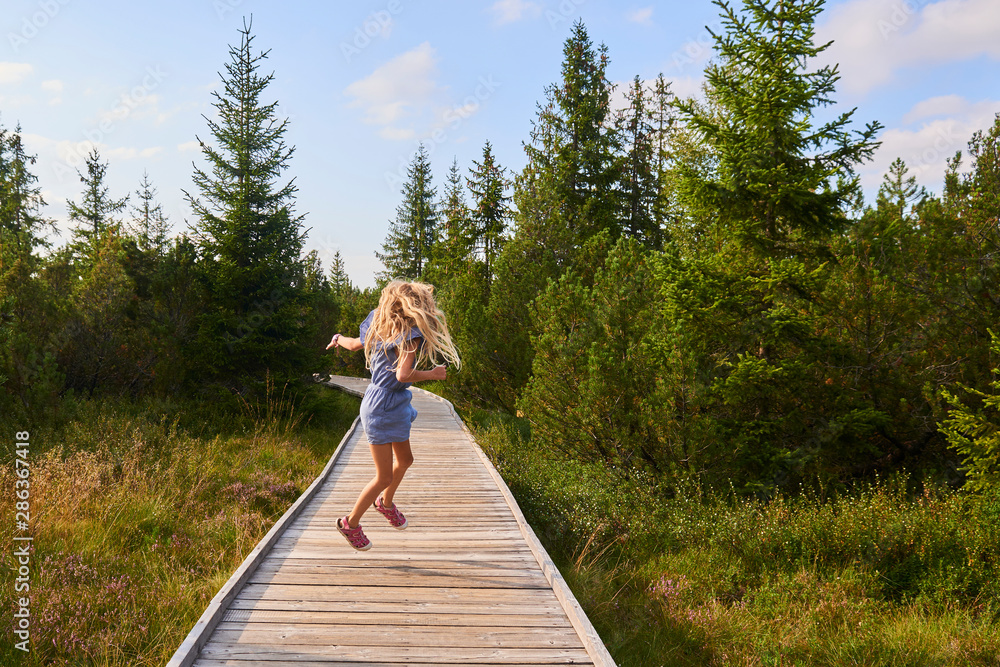 Fototapeta premium Child blond girl enjoying nature in Jezerni slat (Lake Moor) in National Park Sumava (Bohemian Forest), Czech Republic