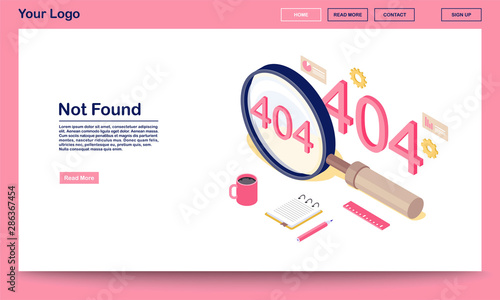 Not found standard code isometric webpage template. 404 error message in magnifying glass. Disconnected server notification landing page with text space. Web search problems statistics