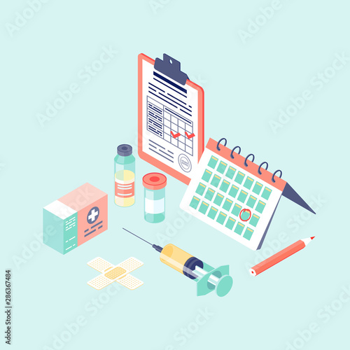 Vaccination calendar isometric color vector illustration. Flu, hepatitis diseases prevention. Immunization schedule. Syringe, records, plaster, vaccine bottles 3d concept