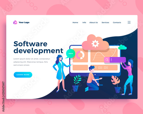 Landing page template software development testing concept with office people.