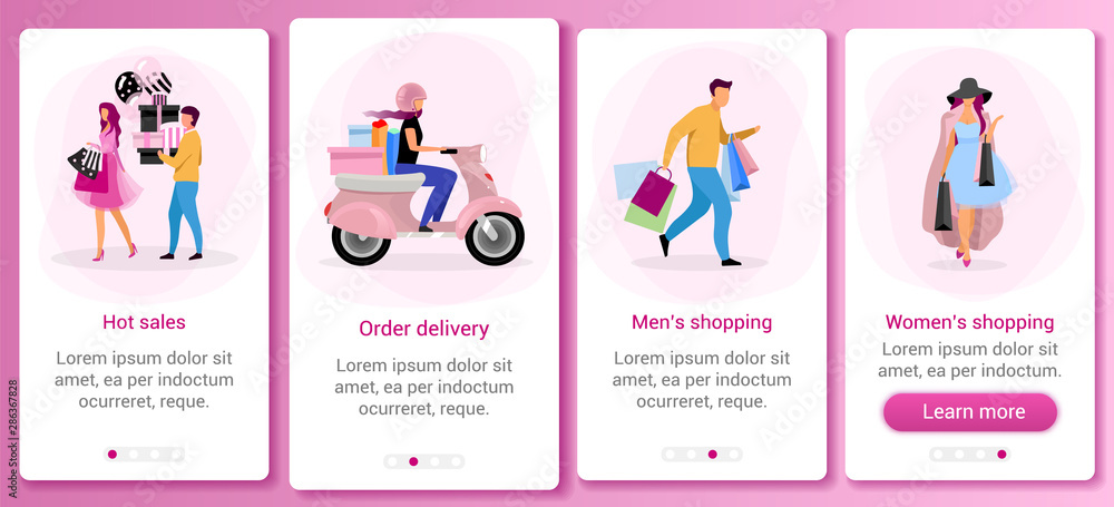 Shopping and retail onboarding mobile app screen template. Hot sales, discounts. Doing purchases. Walkthrough website steps with flat characters. UX, UI, GUI smartphone cartoon interface concept
