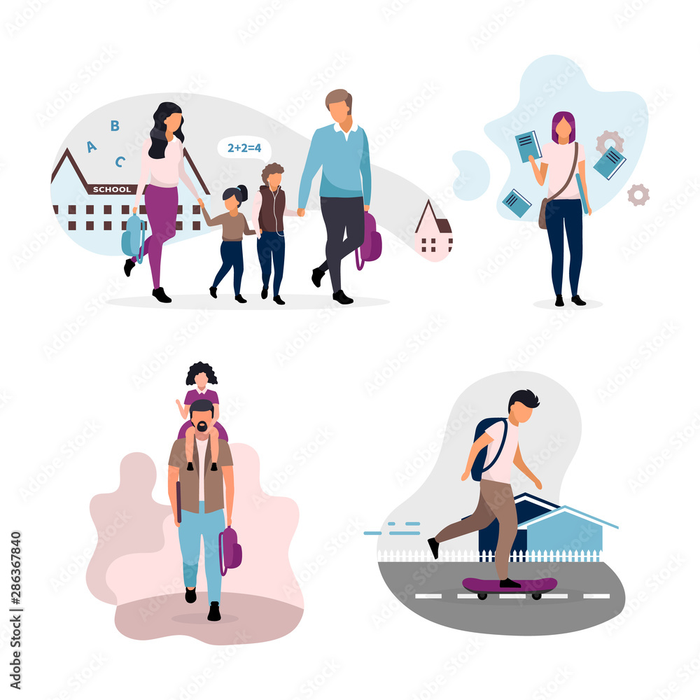Parents with schoolchildren flat vector illustration. Back to school concepts. Schoolboy skateboarding, schoolgirl with father, couple and kids cartoon characters isolated on white background