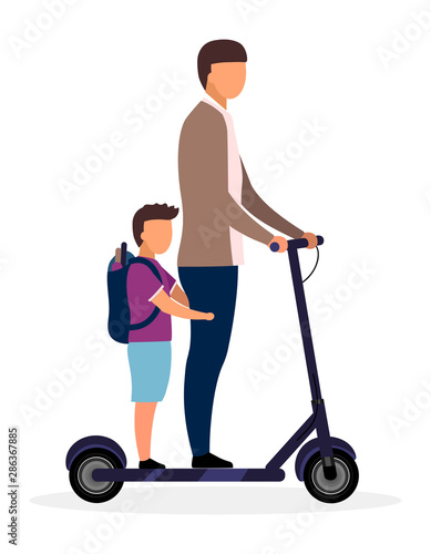 Schoolchildren flat vector illustration. Schoolboy with younger brother riding scooter cartoon characters isolated on white background. Teenage and preteen children going to school. Kids have fun