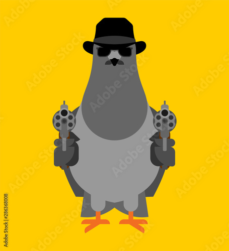Dove spy. pigeon Secret agent. City bird in hat and with gun