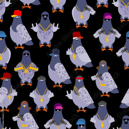 Pigeon gangster gang pattern seamless. Cool City bird background . SWAG gangsta ornament. Pigeon guy rapper. vector texture