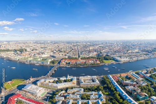 Aerial panoramic view of Neva river in Saint Petersburg, Russia with many landmarks