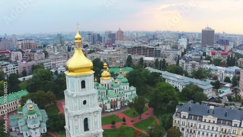 Saint Sophia's Cathedral in Kiev against the sunset sky. Aerial footage 4k photo